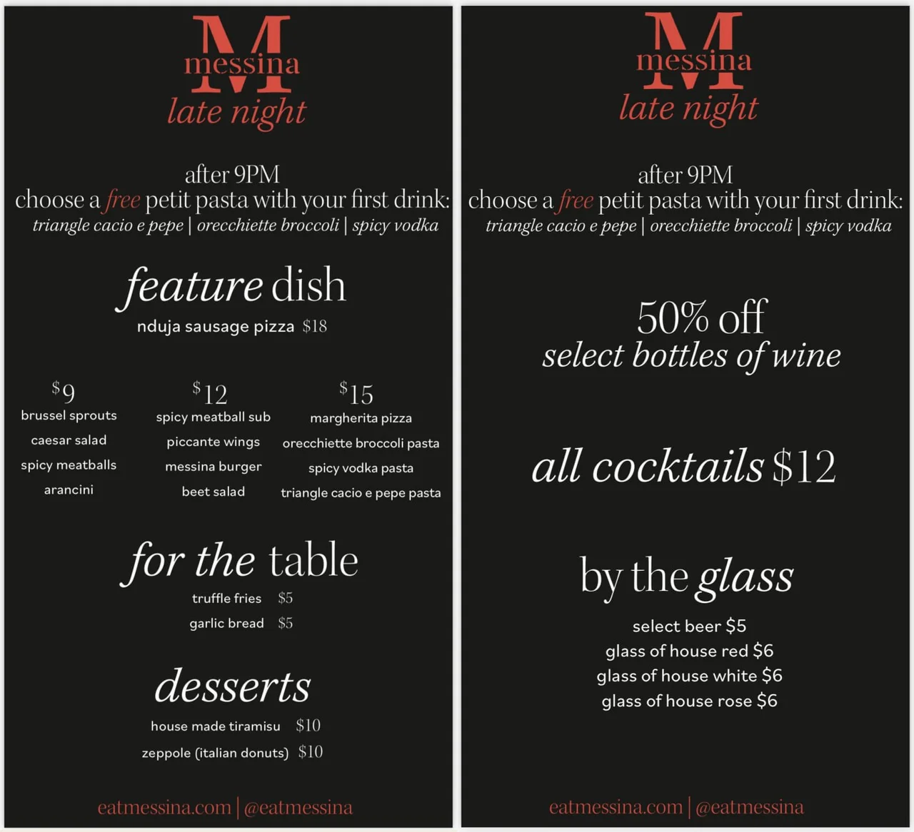 Late night menu featuring various delicious food items.