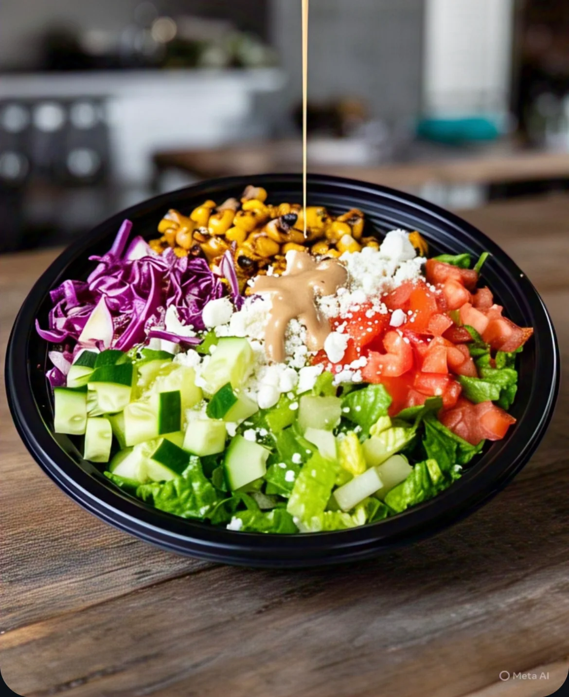 Colorful salad bowl with tahini dressing