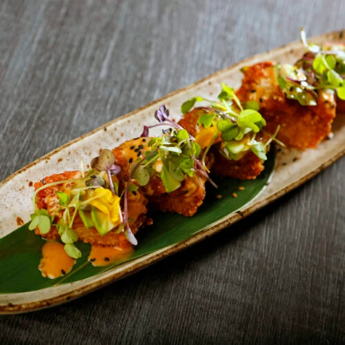 Crispy Japanese katsu with microgreens and sauce