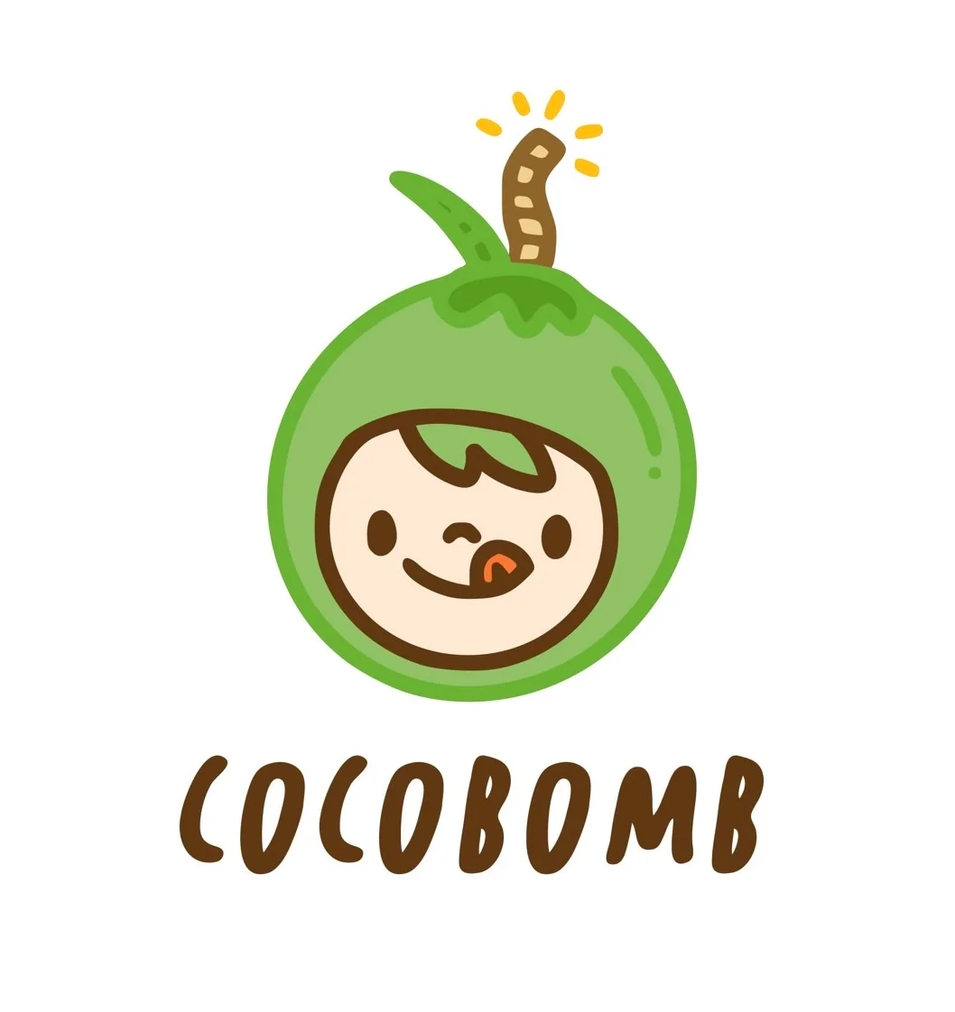 A playful cartoon character with a green fruit-like design and a smiling face. The character has a leaf on top and a cute expression, along with the text 'COCOBOMB' underneath.