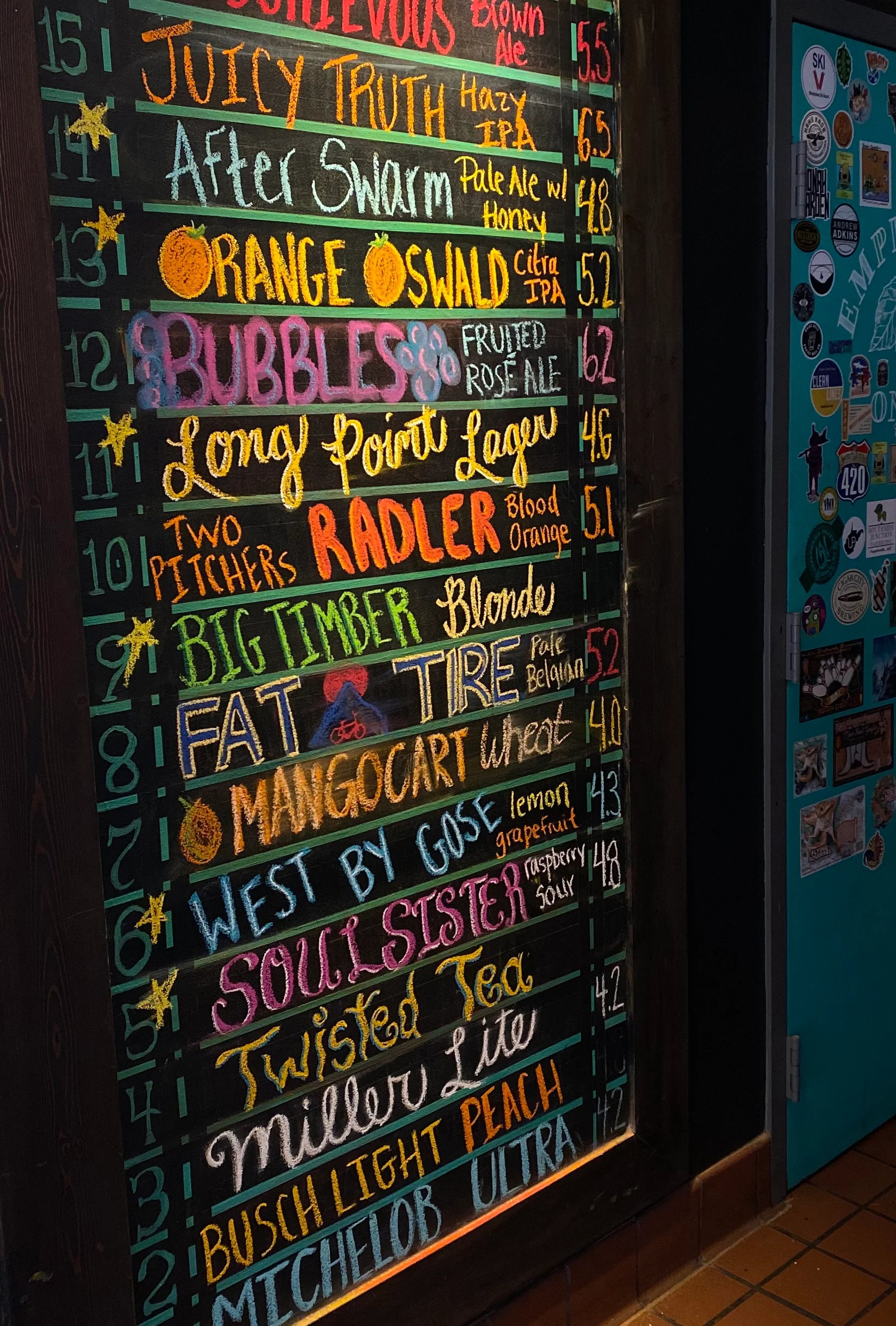 Craft beer menu board featuring various local brews