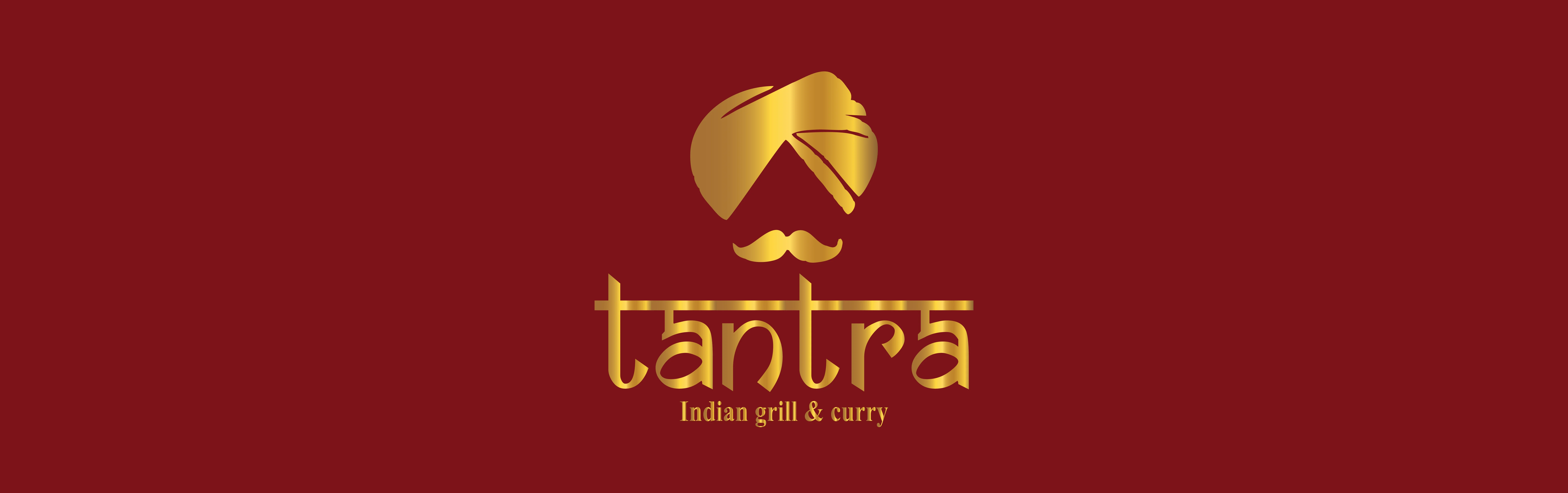 A logo featuring a golden turban and mustache on a dark red background. The word 'tantra' is displayed prominently, indicating an Indian grill and curry restaurant.