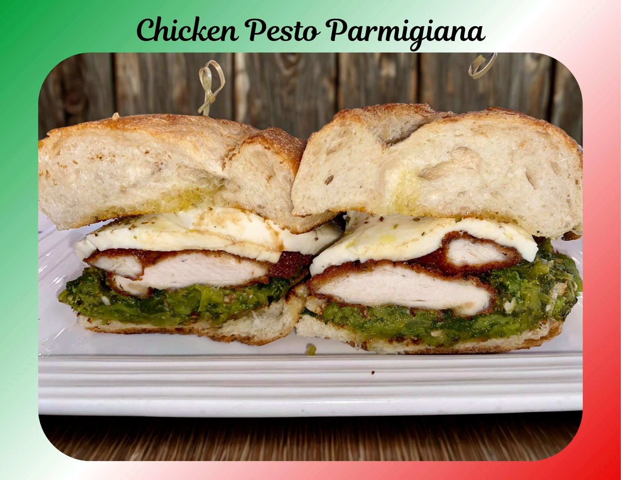 A chicken pesto parmigiana sandwich featuring crispy chicken, pesto sauce, and cheese on a sliced roll, looking delicious and fresh.
