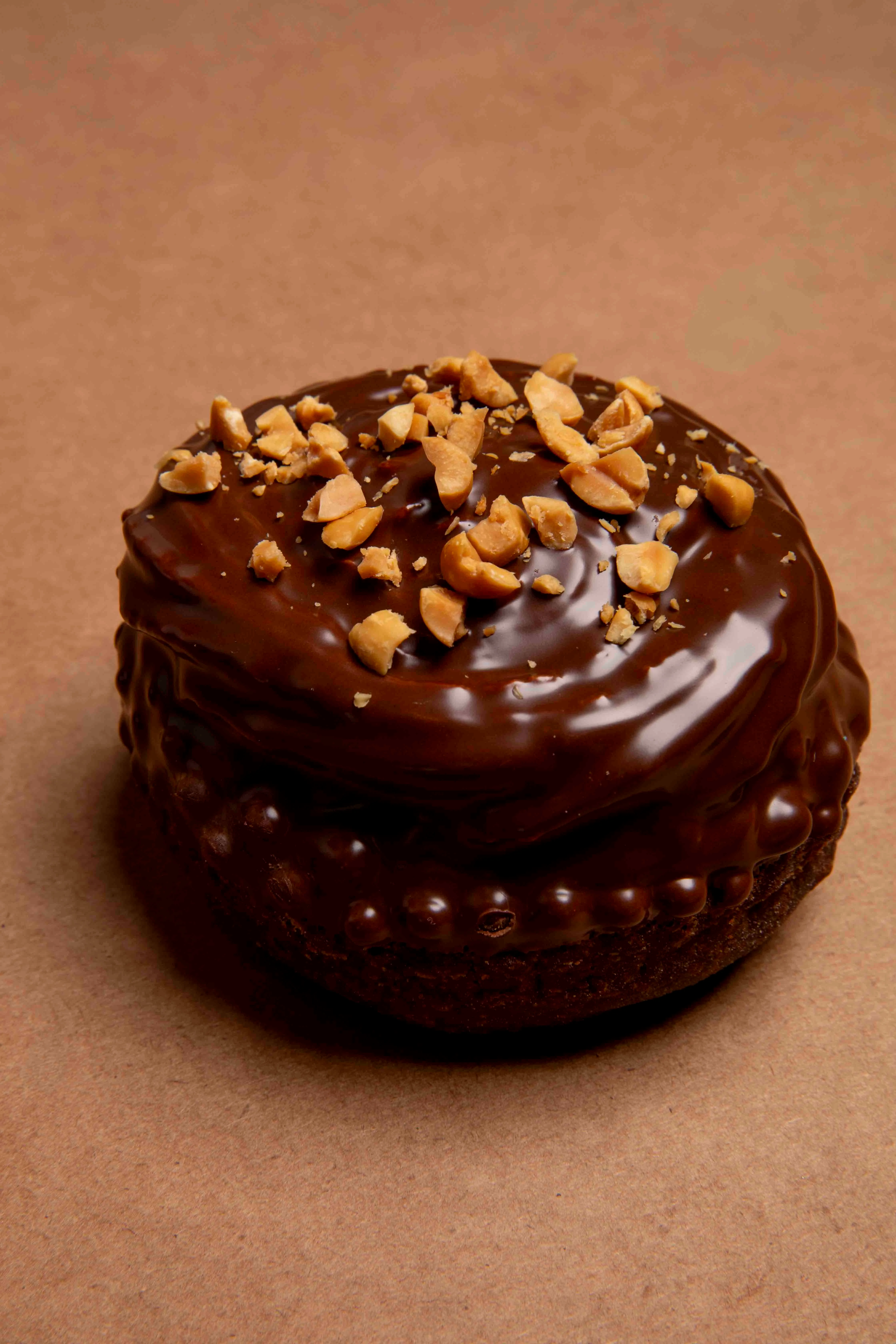 Decadent chocolate donut topped with crushed peanuts