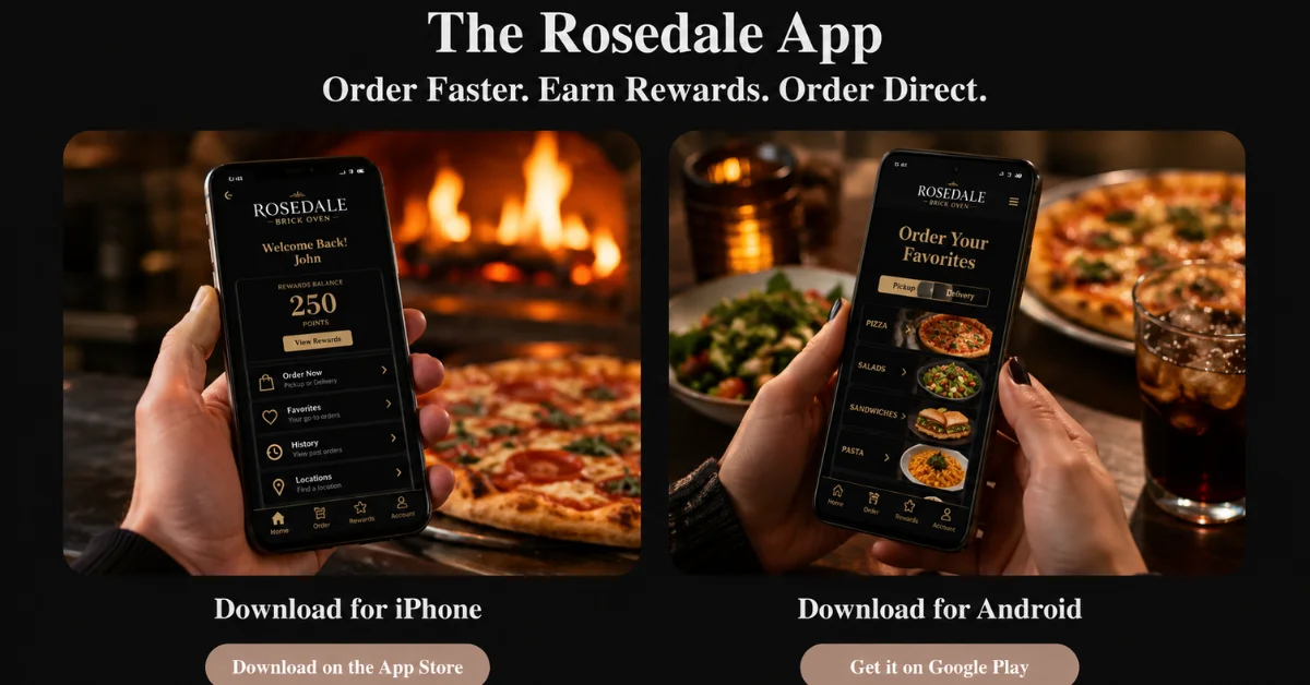 Rosedale app showcasing pizza and rewards program