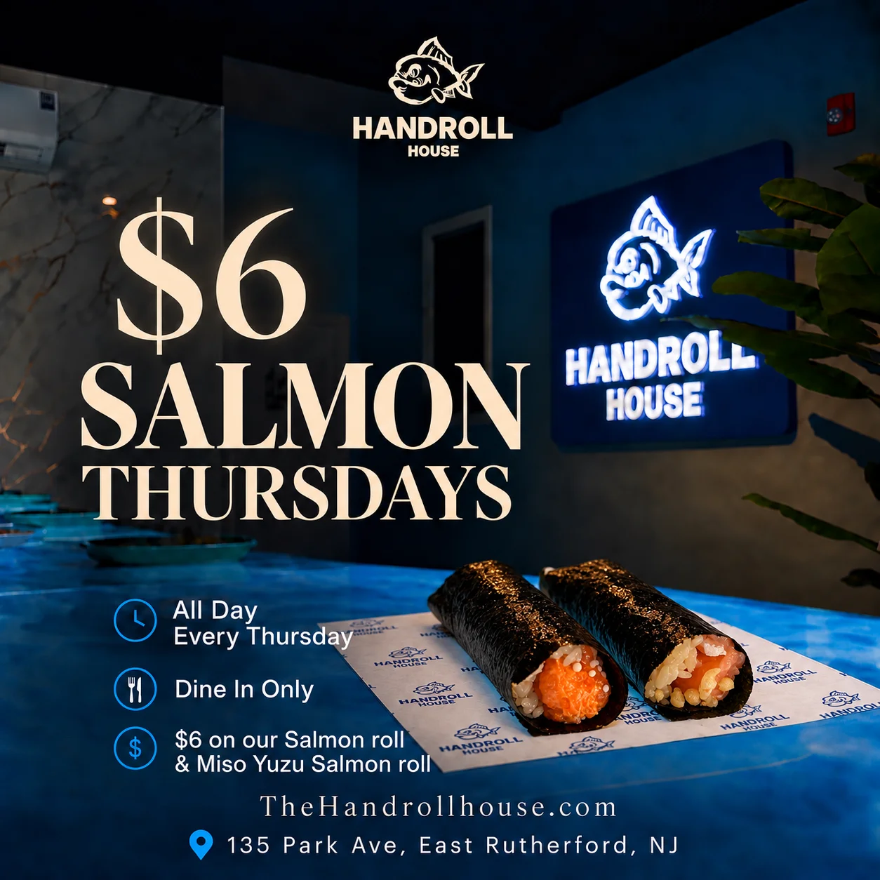 Salmon hand rolls featured in a Japanese sushi restaurant promotion