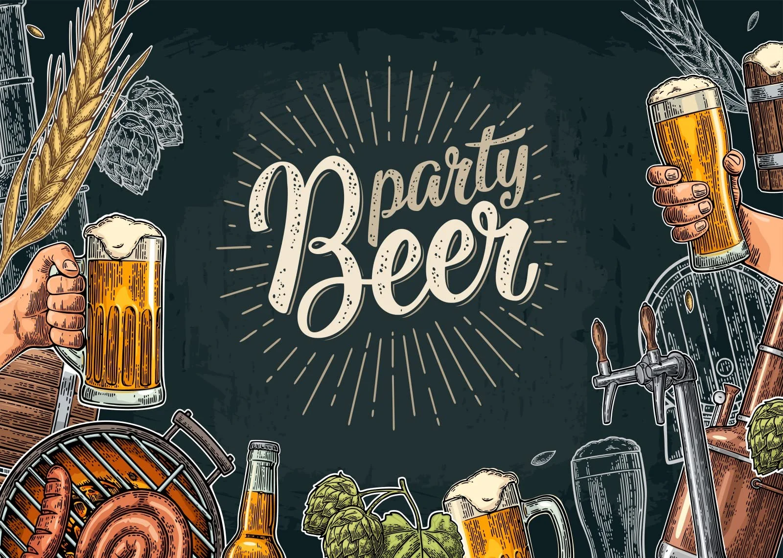 Illustration of beer party theme with mugs and hops