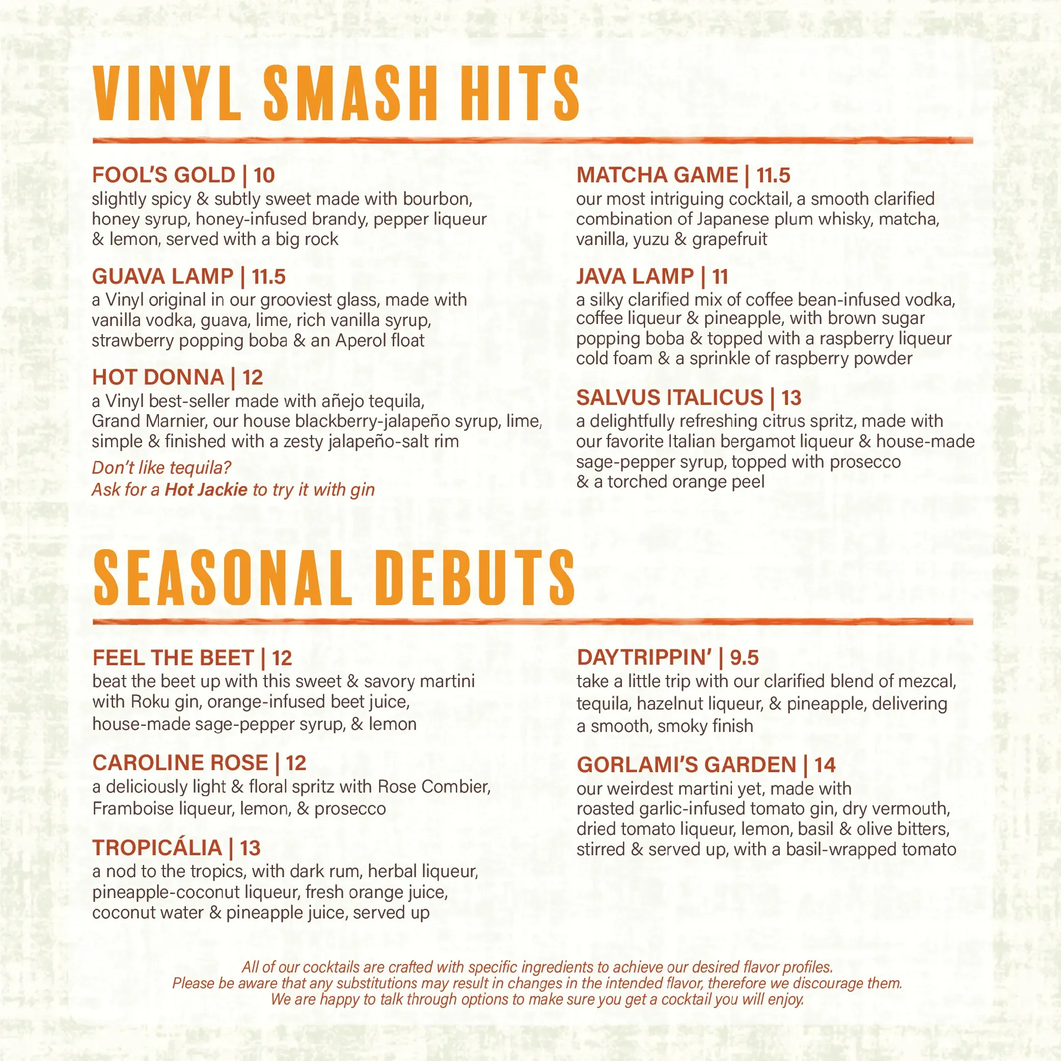 Cocktail menu featuring creative drinks and seasonal specials