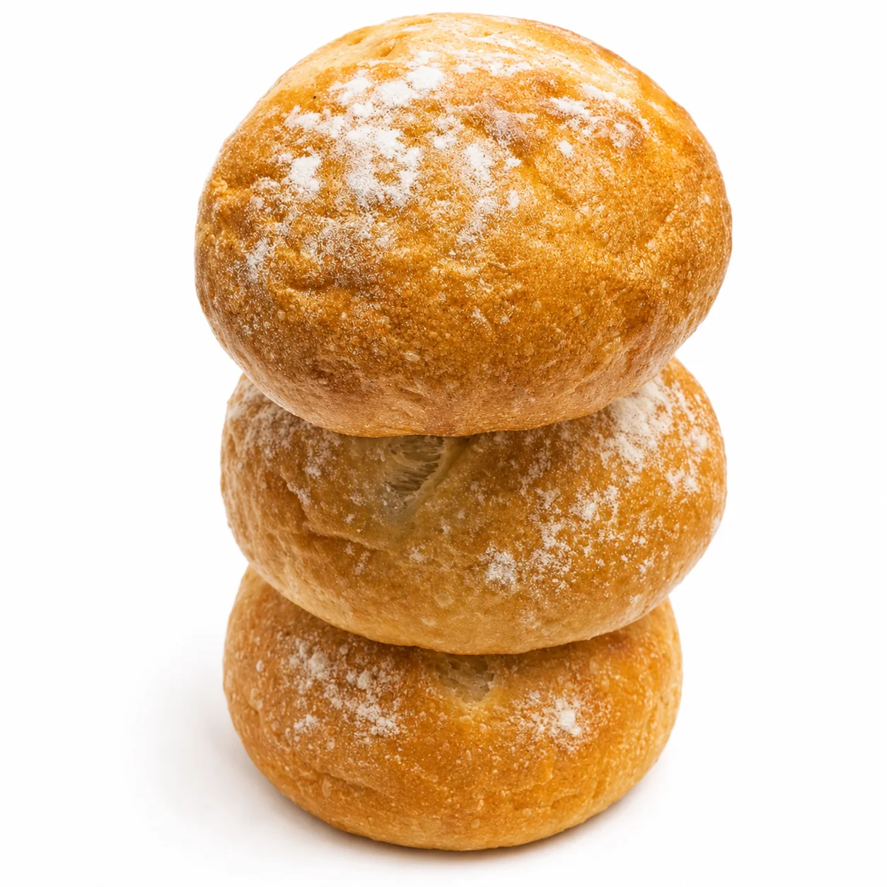 Three freshly baked bread rolls stacked on top of each other.