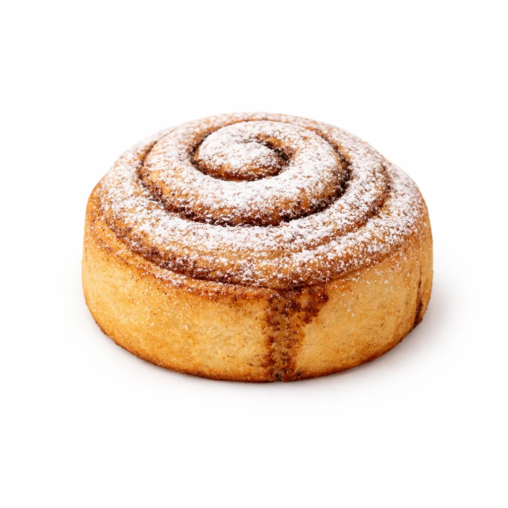 A freshly baked cinnamon roll dusted with powdered sugar, showcasing a sweet and fragrant spiral.