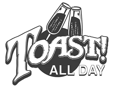 Logo of Toast! All Day restaurant featuring champagne glasses