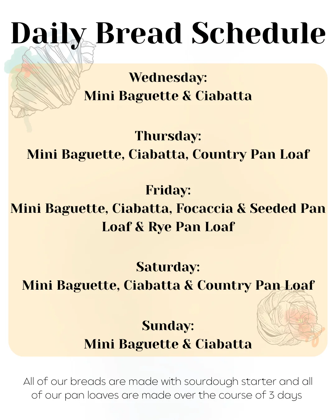 Daily Bread restaurant schedule with operating hours and special events.