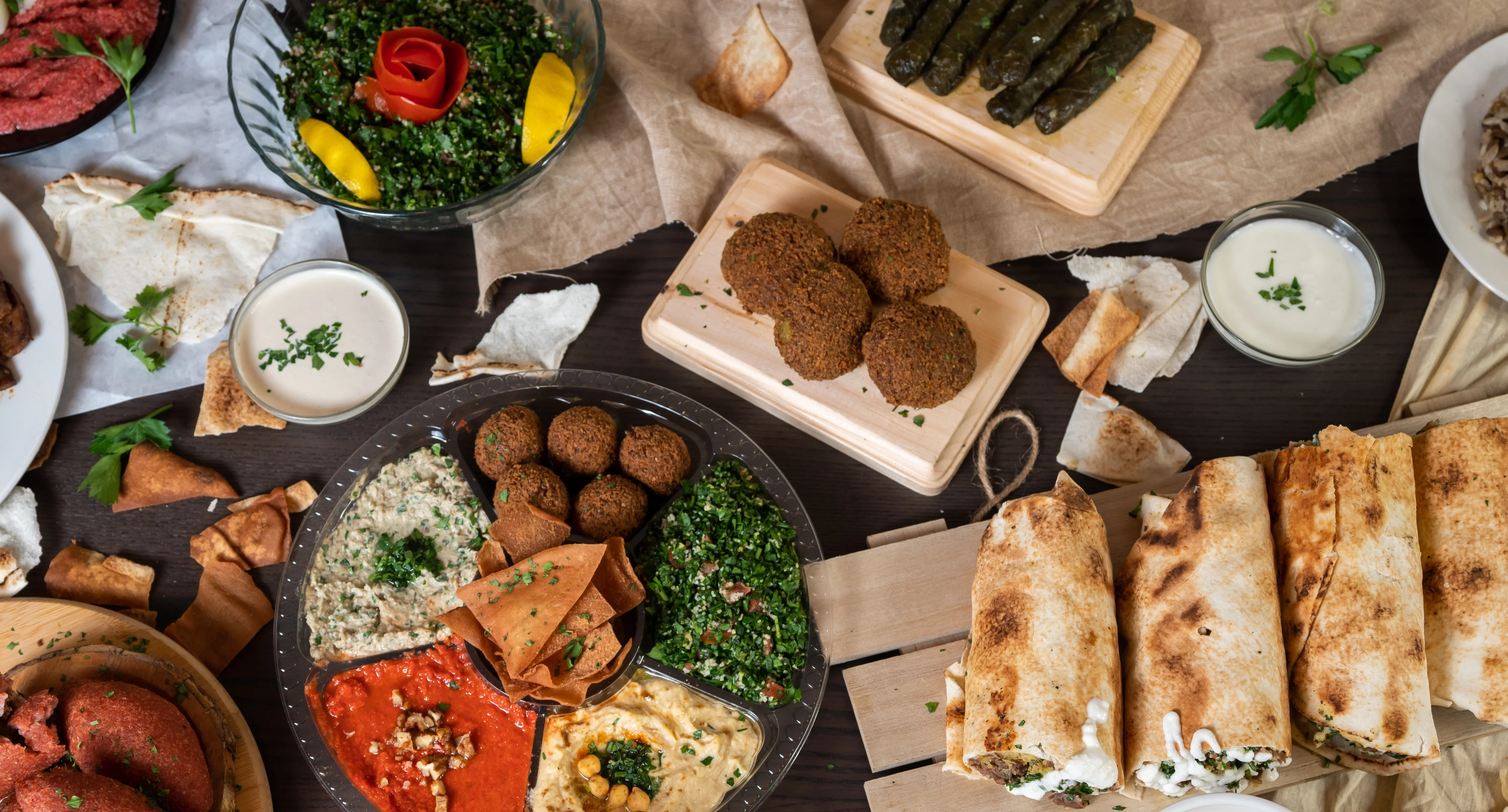 Mediterranean mezze platter with falafel and tabbouleh