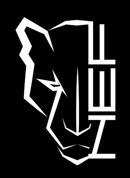 A stylized logo featuring a lion's head, designed with bold lines and shapes against a black background.