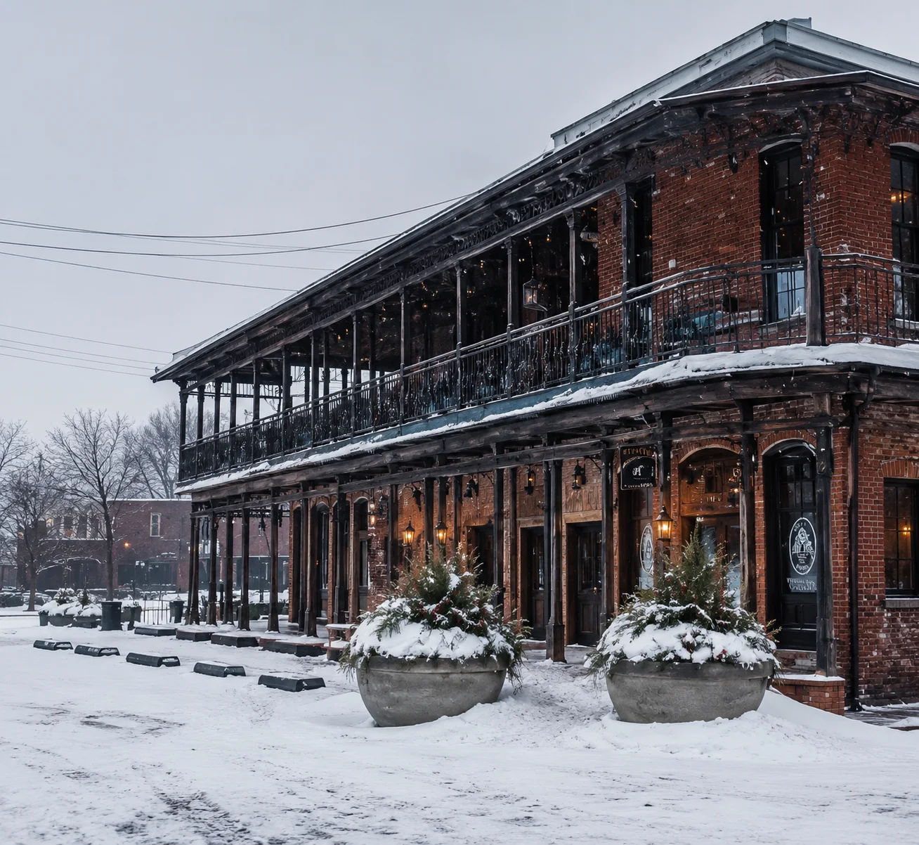 A historic brick building featuring multiple balconies, decorated with festive lighting, surrounded by a snowy landscape.