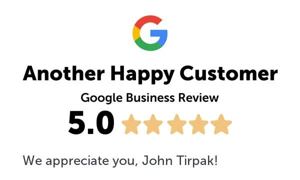 A Google Business review graphic displaying a 5-star rating and appreciation message for customer service.