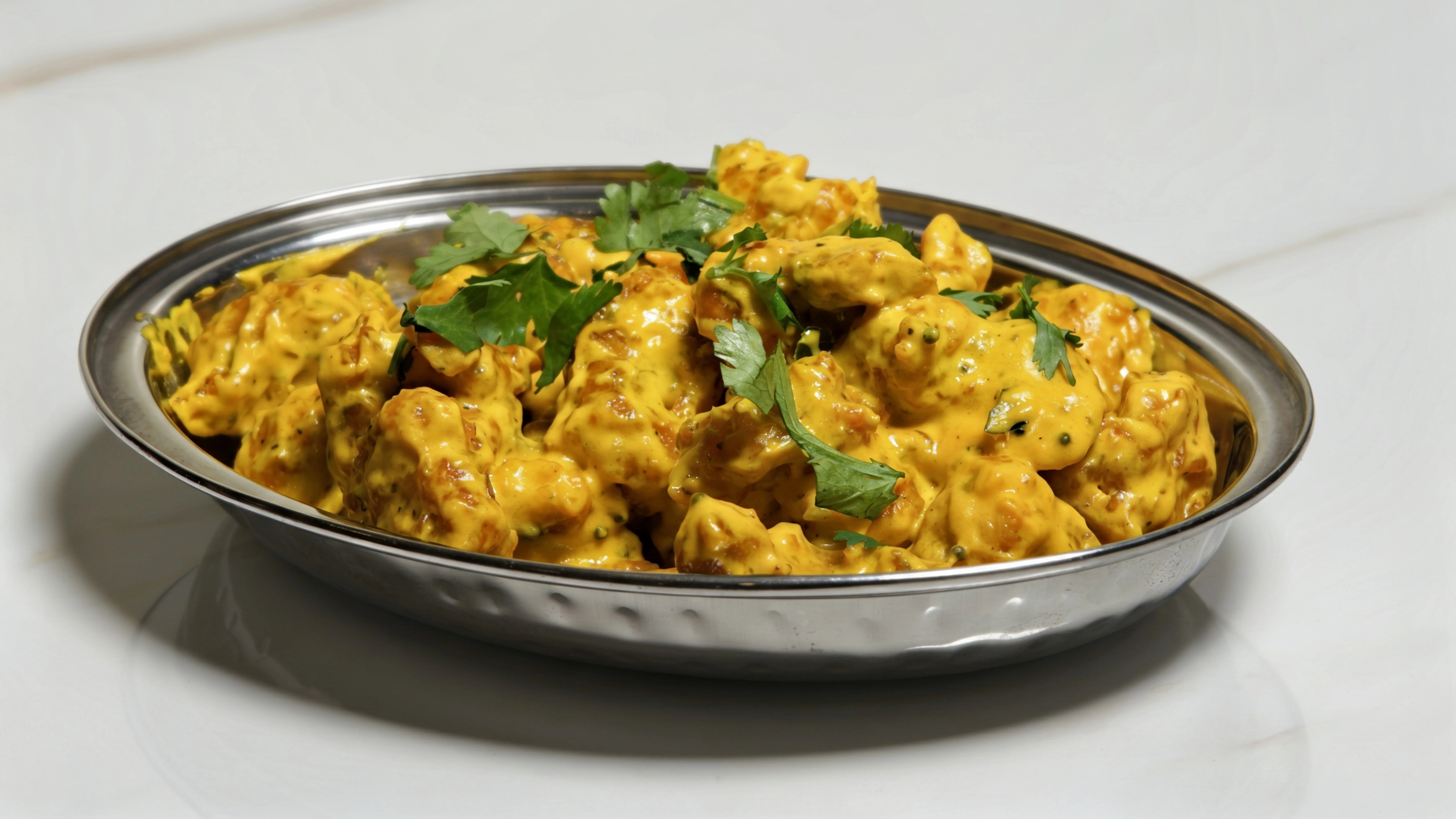 A serving of chicken pieces coated in a creamy yellow sauce, garnished with cilantro.