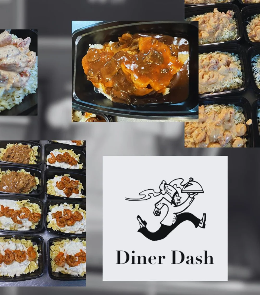 Collage of ready-to-eat gourmet meal trays from Diner Dash, featuring pasta dishes, creamy shrimp, and smothered meats over rice and noodles, with the Diner Dash logo at the center.