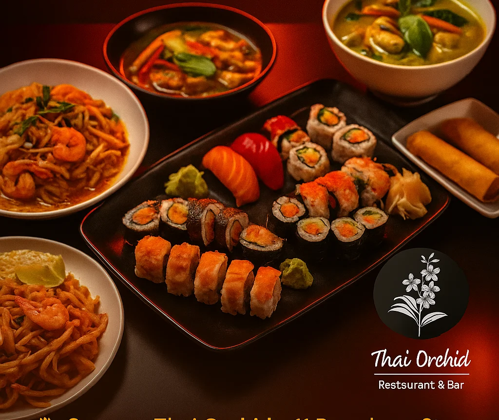 Assorted Thai dishes including pad thai and green curry