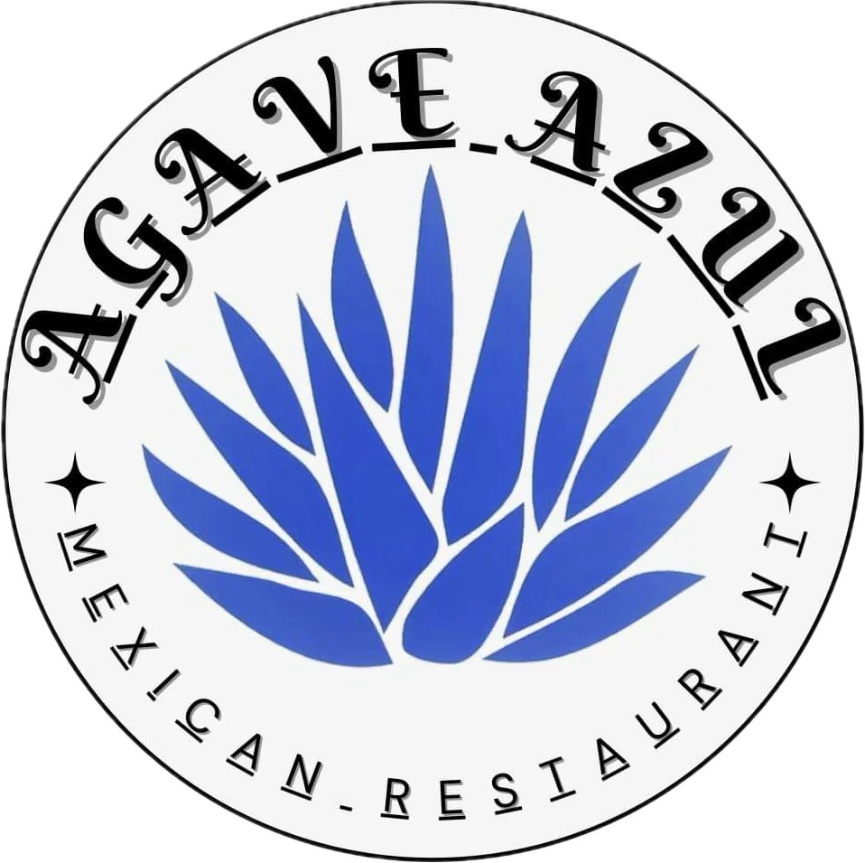 A logo featuring a blue agave plant with decorative text around it, indicating a Mexican restaurant.