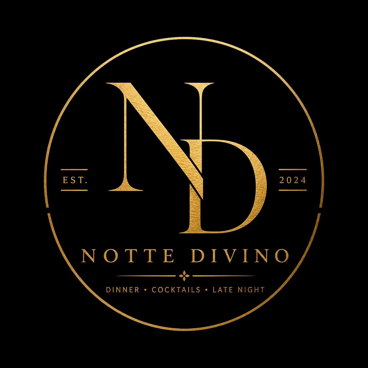 A stylish logo featuring the letters 'ND' in gold on a black background, representing a dining establishment.
