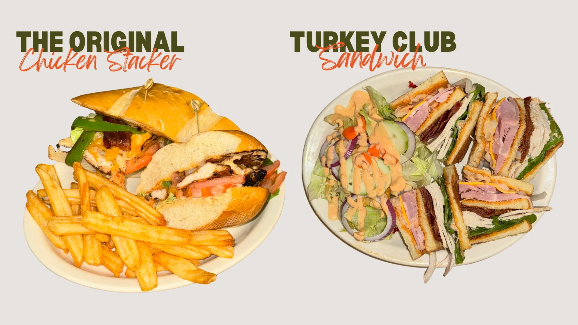 Delicious chicken stacker and turkey club sandwiches with fries