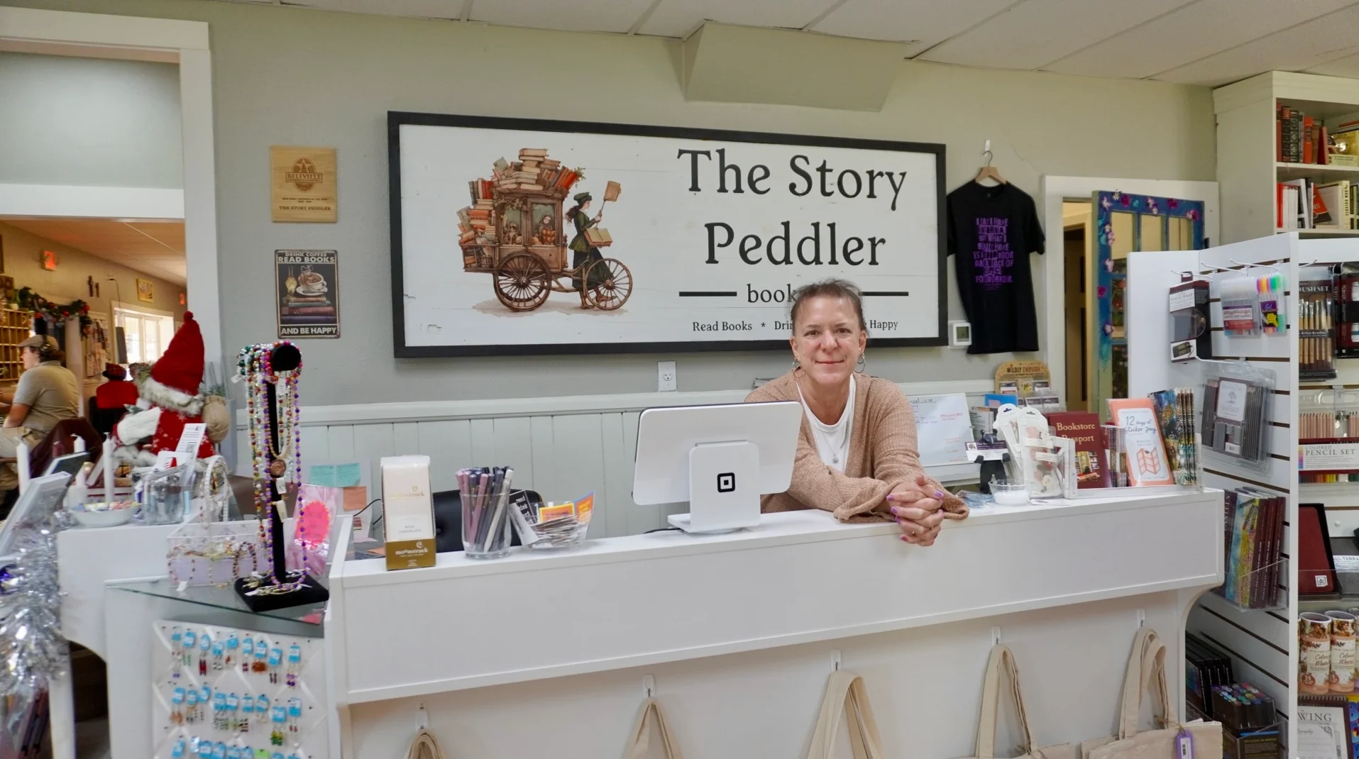 Cozy bookstore interior with a welcoming counter