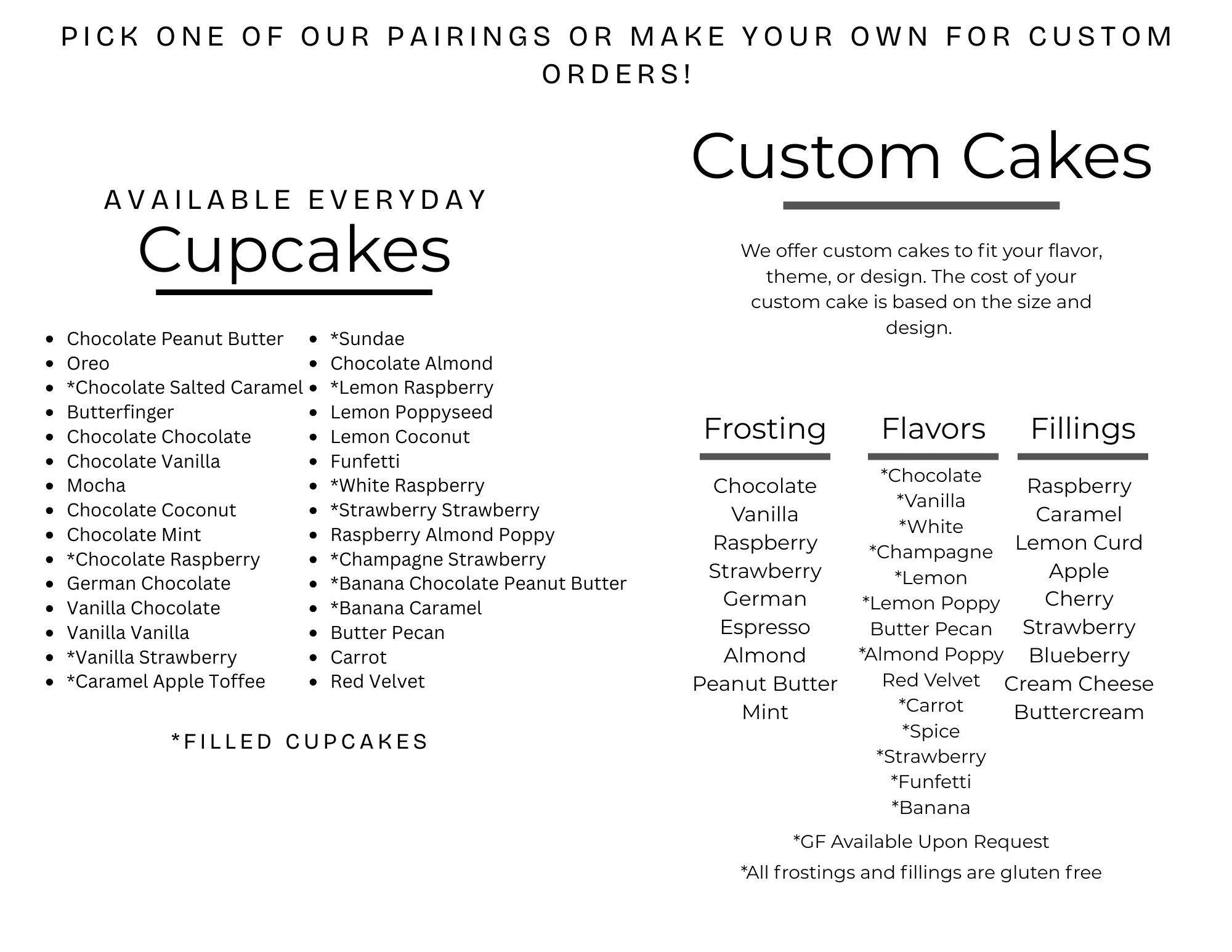 Custom cake and cupcake menu featuring various flavors and frostings