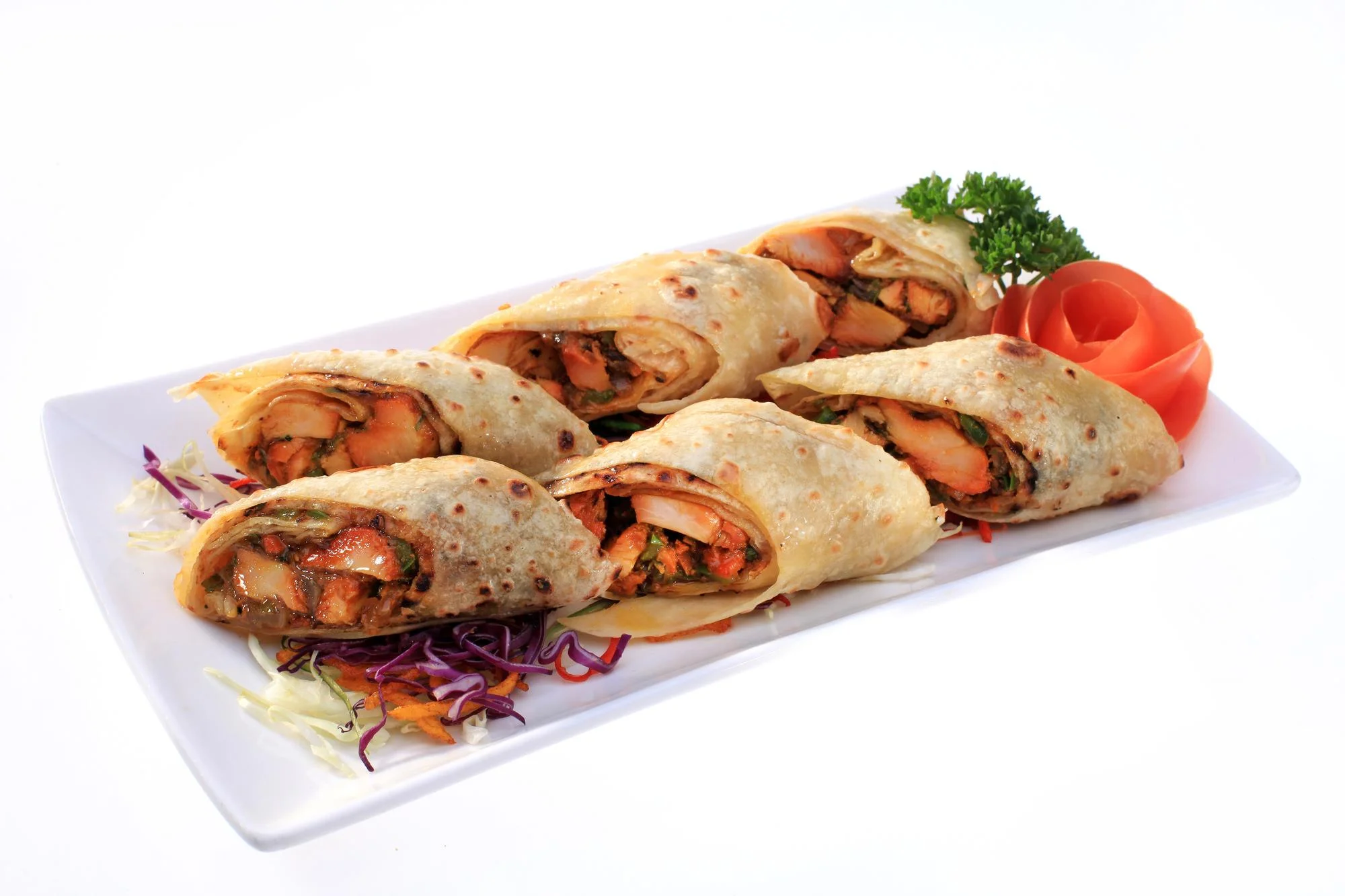 Delicious Indian chicken kathi rolls served on a platter