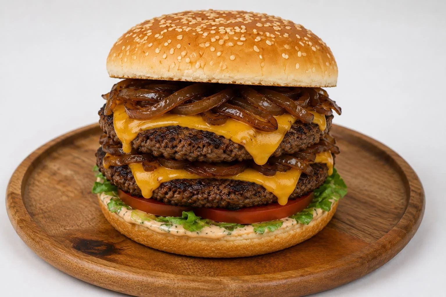 A towering burger with multiple beef patties, melted cheddar cheese, sautéed onions, lettuce, and tomato, all encased in a sesame seed bun on a wooden plate.