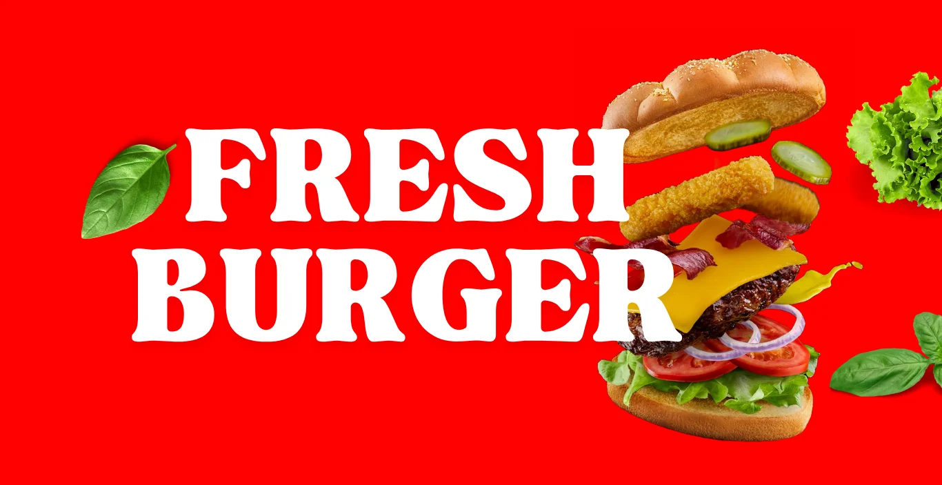 Fresh burger with layers of toppings and vibrant colors