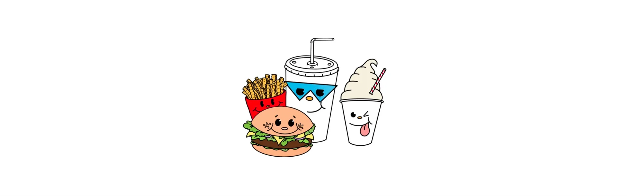 Playful cartoon fast food characters: burger, fries, drink, and ice cream