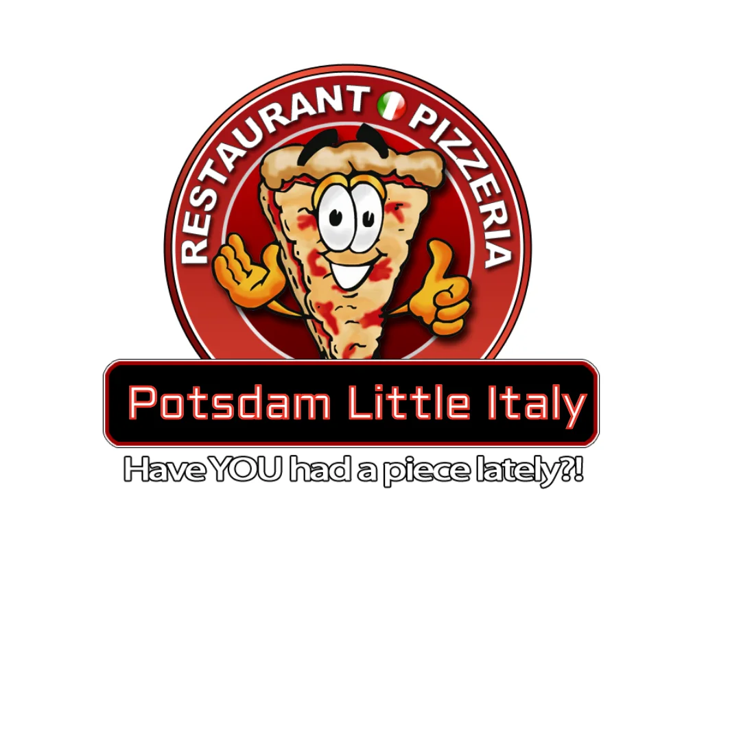 Potsdam Little Italy pizzeria logo with cartoon pizza character