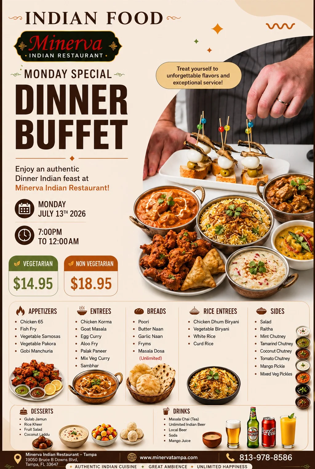 Authentic Indian dinner buffet featuring Chicken Dum Biryani and Goat Rogan Josh
