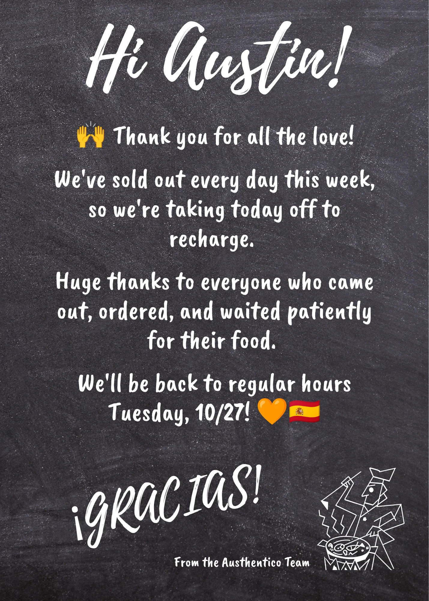 Chalkboard restaurant announcement thanking customers and announcing Tuesday reopening