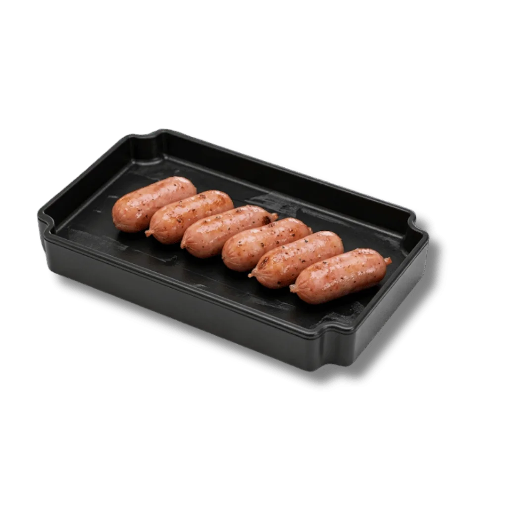 A tray of seven cooked sausages arranged neatly.