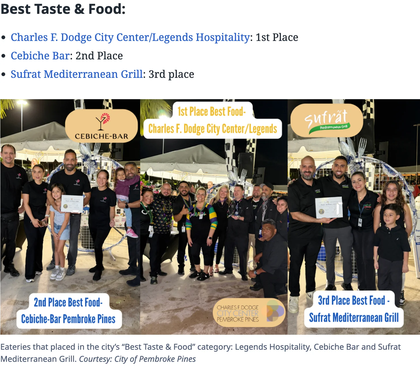Best Taste & Food” category, and we’re incredibly proud to share that Sufrat Mediterranean Grill, alongside Legends