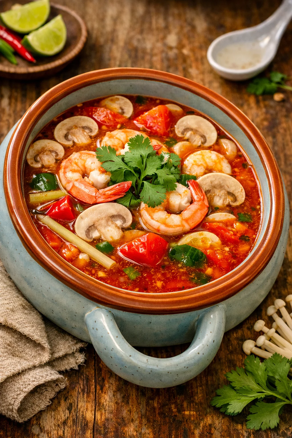 Spicy Thai tom yum soup with shrimp and herbs