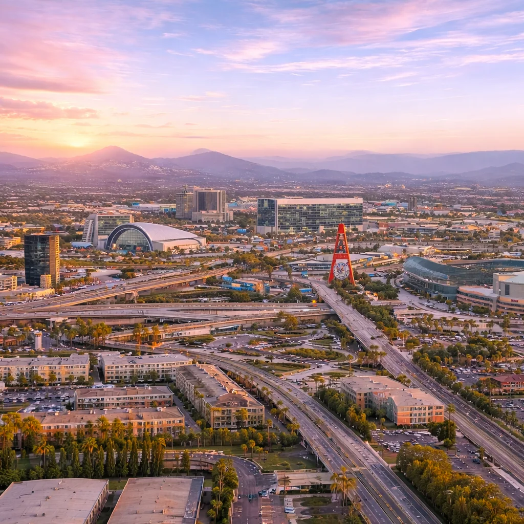 An image of an over view of Anaheim and surrounding Orange County communities