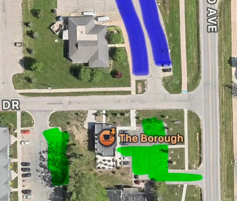 Map showing locations of parking lots for The Borough cafe