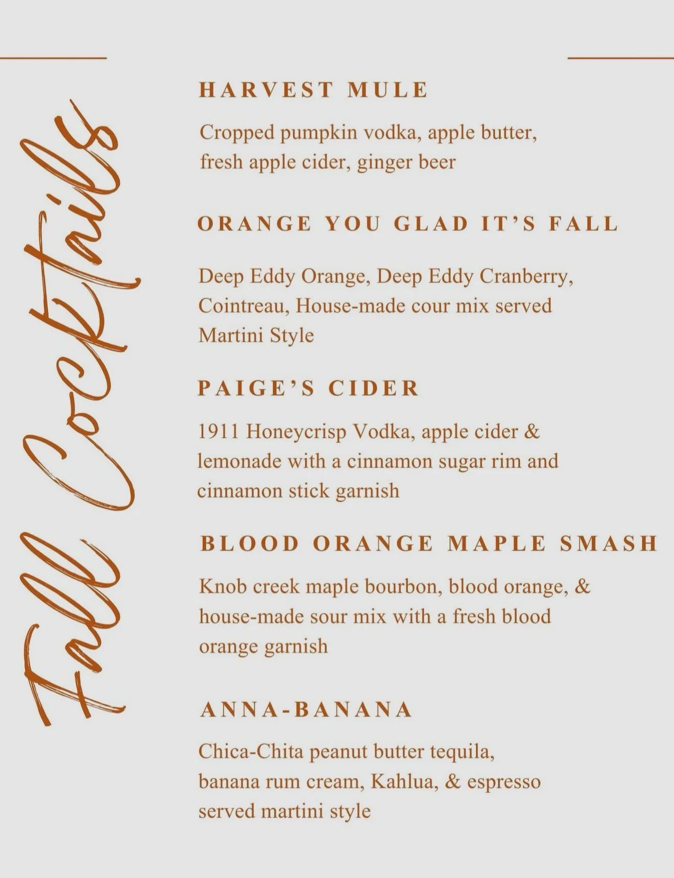 Seasonal cocktail menu featuring autumn-inspired drinks and elegant typography