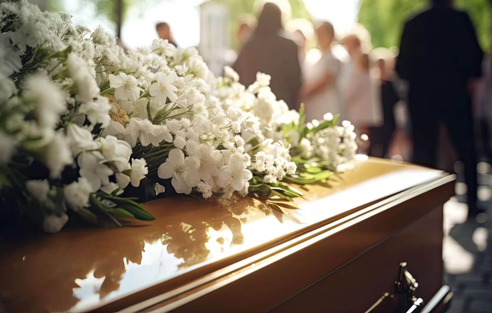 Casket adorned with white flowers at a memorial service