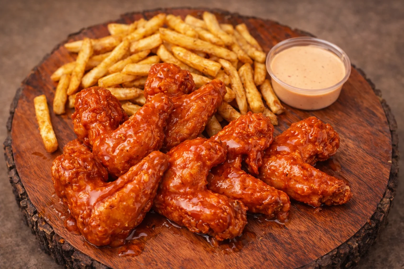 Crispy buffalo chicken wings with seasoned fries and dipping sauce