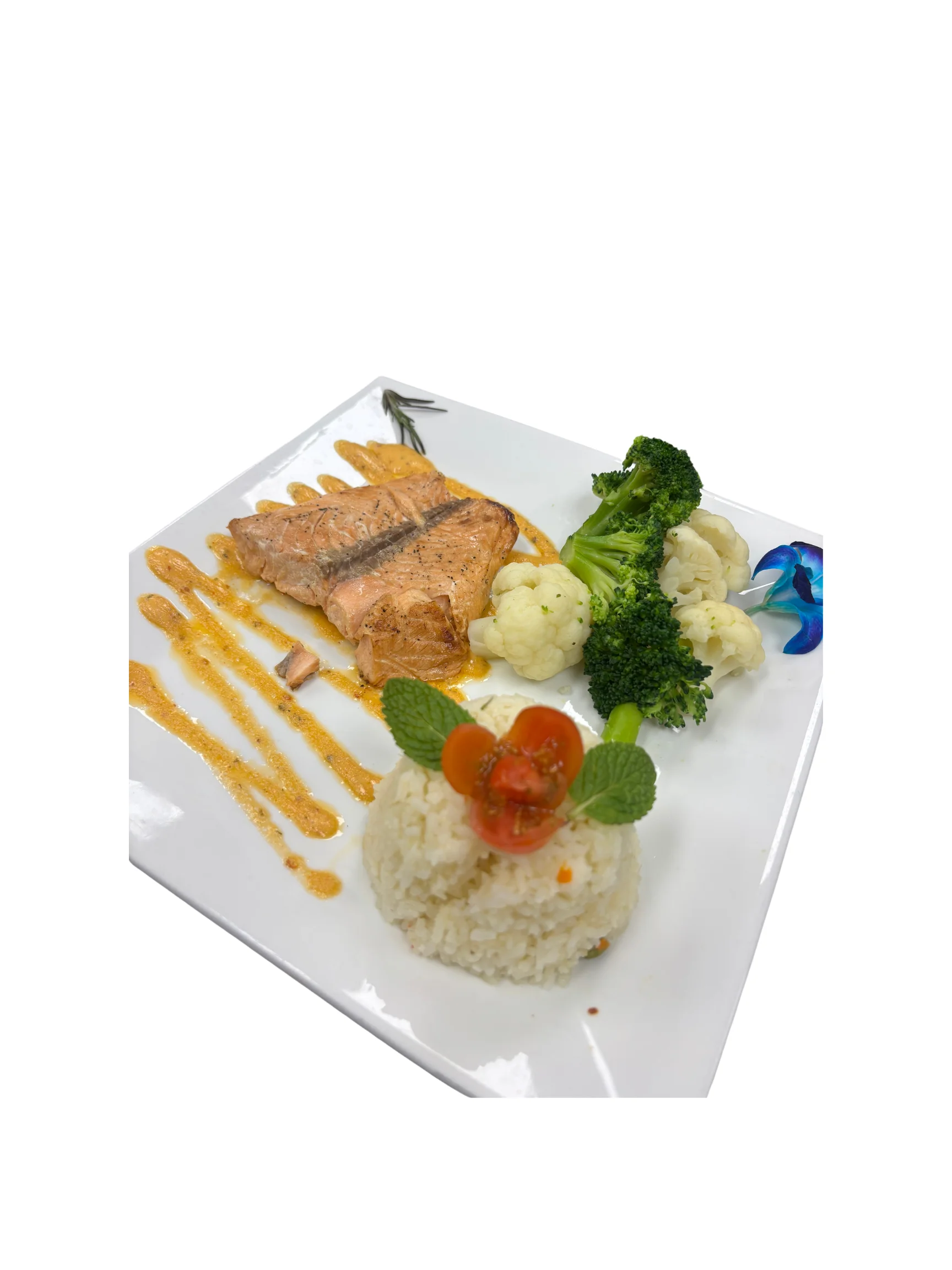 Grilled salmon with vegetables and rice