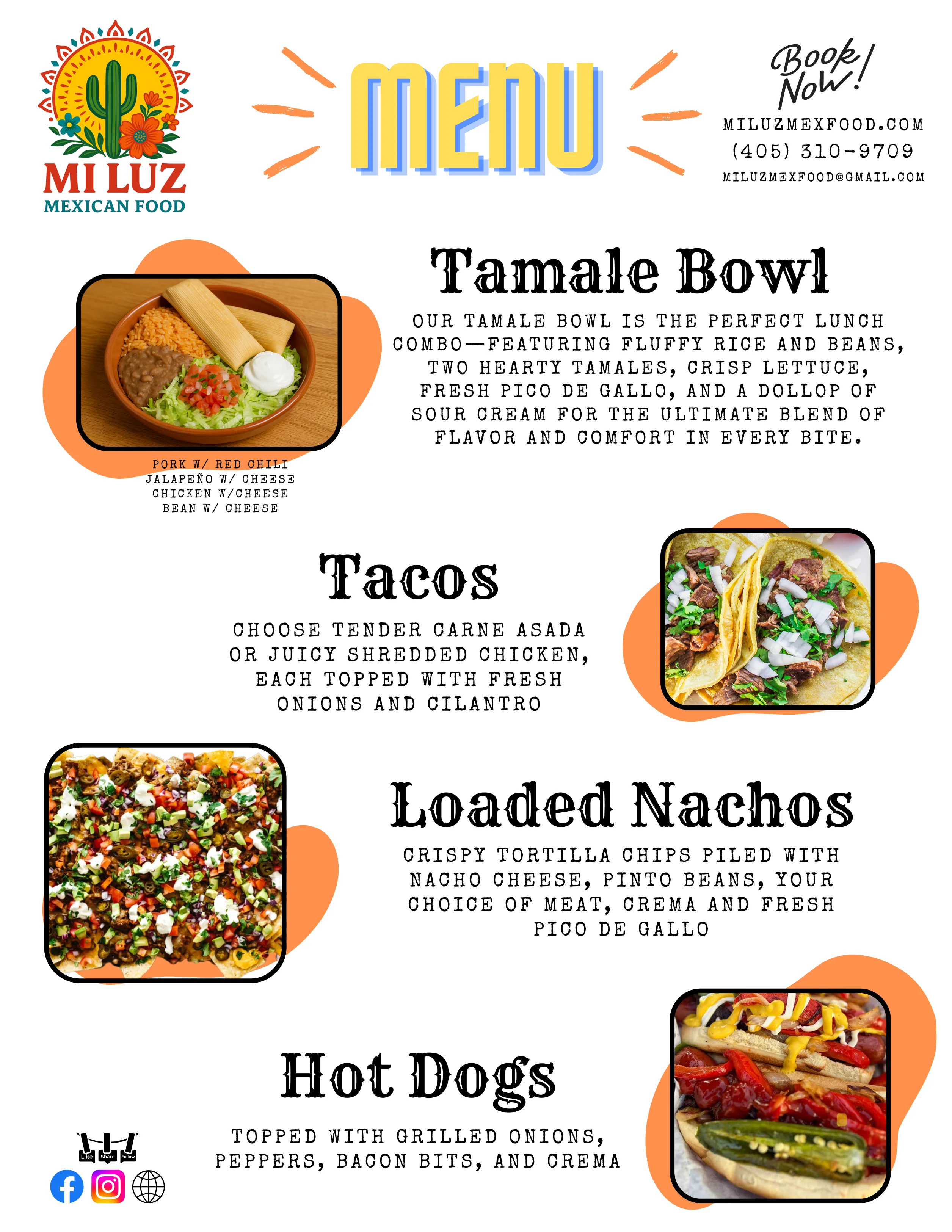 Colorful Mexican menu featuring tamale bowl, tacos, nachos, and hot dogs