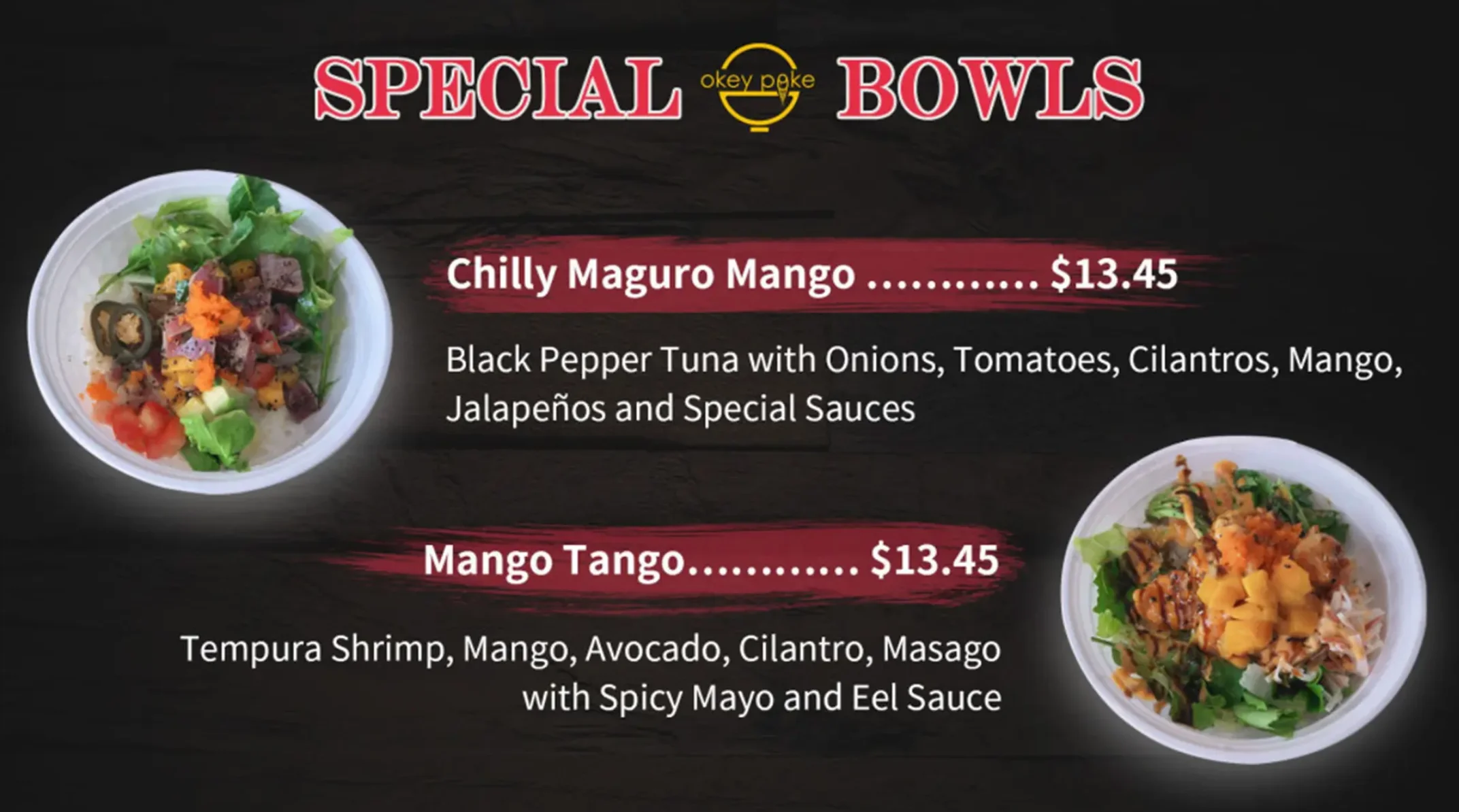 Menu featuring Chilly Maguro Mango and Mango Tango special bowls.