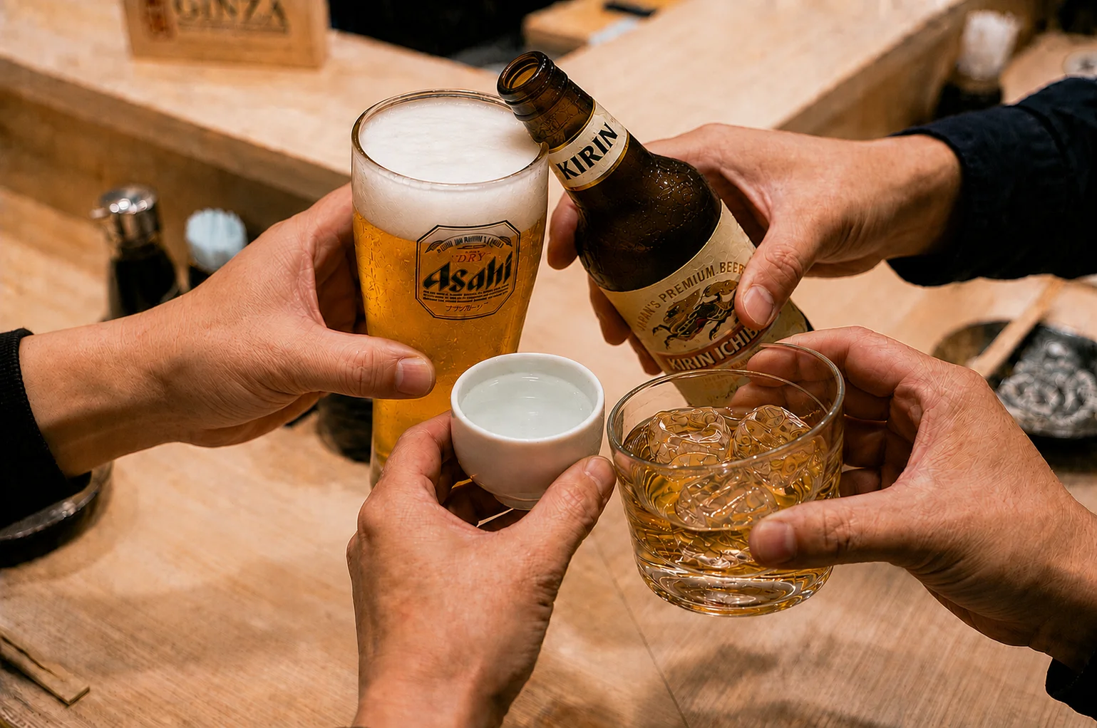Cheers with Japanese beer and whiskey in a cozy bar setting
