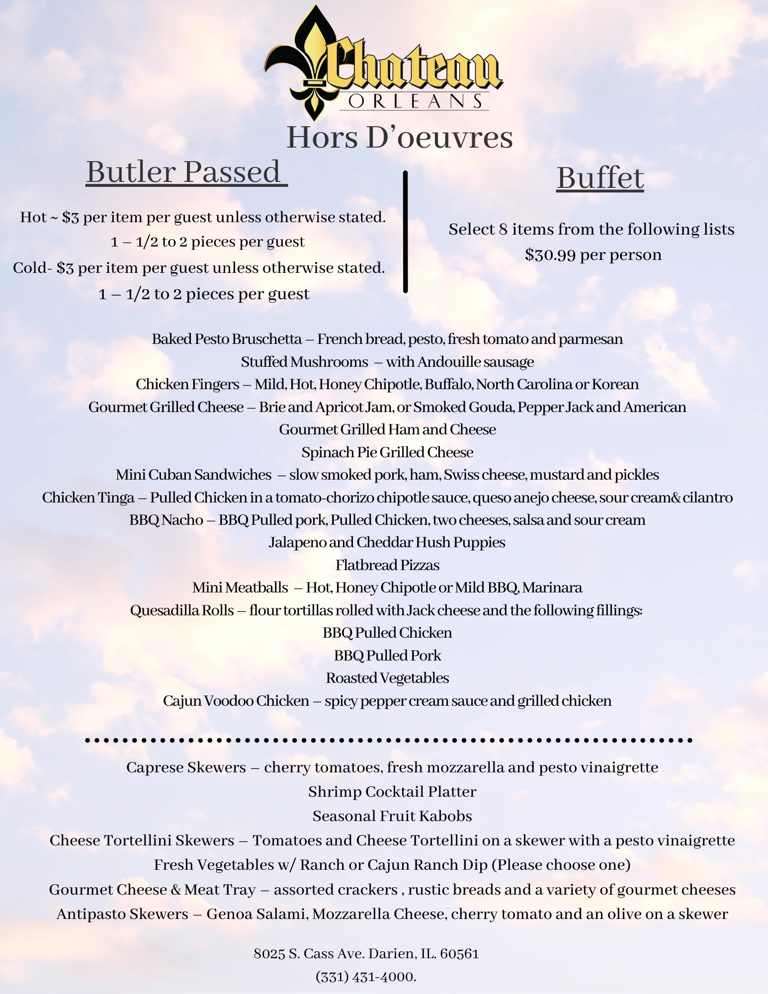Catering menu featuring diverse hors d'oeuvres and buffet options