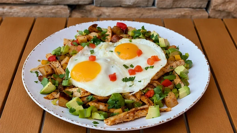 Cast iron skillet with a colorful vegetable and cheese dish, served with lettuce and tomato.