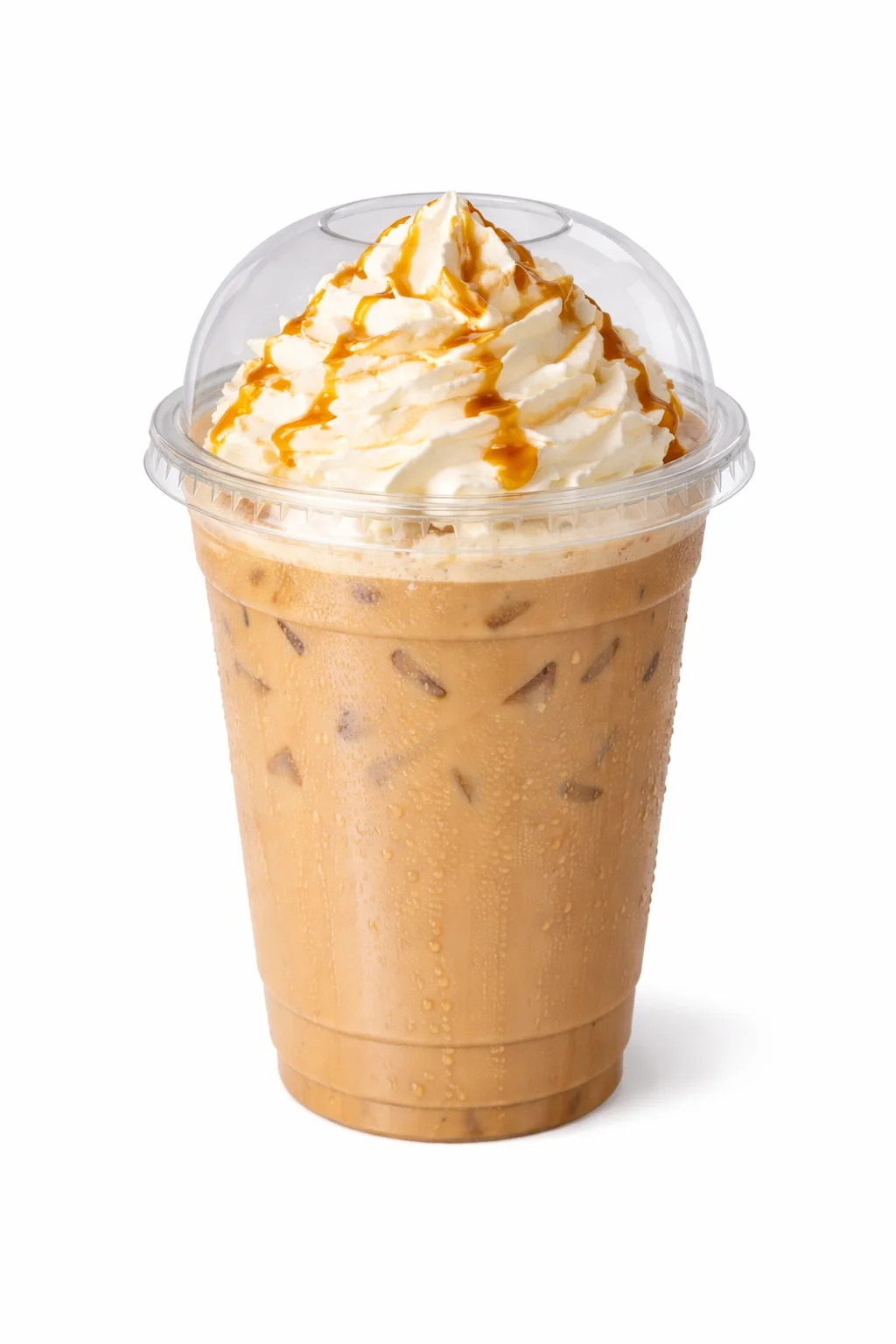 A large cup of iced coffee topped with whipped cream and caramel sauce, presented in a transparent cup.